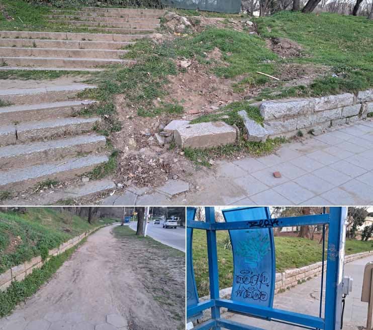 Тротоарът на бул. „Св. Димитър Солунски“, който минава край старите гробища от Kaufland до кръстовището на бившия завод за високоговорители „Ворошилов“, е в тежко занемарено състояние и представлява реална опасност за пешеходците. Подпорната стена от тежки гранитни блокове се разпада, а на много места камъните вече са паднали върху тротоара, създавайки непосредствен риск за преминаващите. Голяма част от тротоарната настилка липсва, а на нейно място се е образувало кално петно, което прави преминаването трудно и опасно, особено при дъжд. Спирката на градския транспорт по линия №2 е изпочупена и непригодна за ползване, а при силен дъжд мястото се превръща в истинска река, защото никой не е помислил за отводняване. Ситуацията става още по-шокираща заради изхвърлената надгробна плоча в храстите край тротоара. Действия като това нарушават обществения ред и показват пълно непочитание към паметта на покойните. Община Благоевград и отговорните институции трябва незабавно да предприемат мерки – да почистят района, да възстановят настилката, да укрепят стената и да осигурят безопасността на пешеходците. Градът не може да допуска такива занемарени и опасни участъци в оживени райони. Пешеходците заслужават безопасни тротоари, а паметта на покойните – уважение.