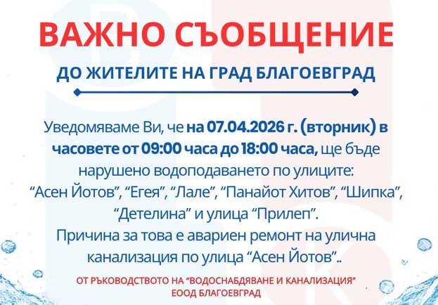 Авариен ремонт оставя без вода част от Благоевград на 7 април